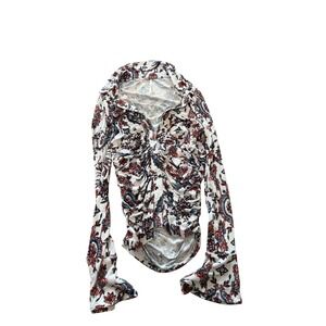 Free People Ruched Paisley Long Sleeve Top White Red Blue Boho Small